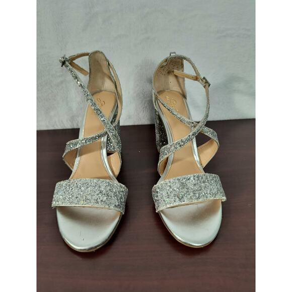 Jewel Badgley Mischka Cook Silver Glitter Sandals Women's Sz 9.5 Metallic Shoes - Picture 13 of 14